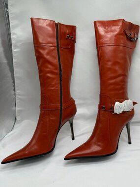 Rust Orange Leather Silver Heel Boots Allen Cooper EU 43 / Approx US 12–12.5